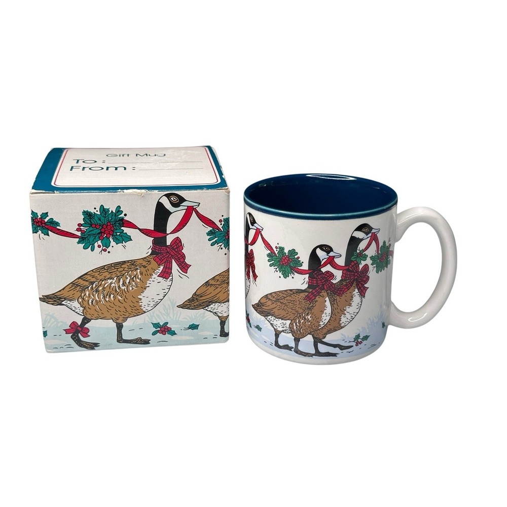 VTG 1986 Potpourri Press Christmas Goose Coffee Cup Mug Duck Holly Korea 12 Oz